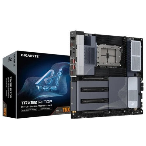 GIGABYTE TRX50 AI TOP Motherboard - Supports AMD Ryzen PRO 7000 CPUs, 16+8+4 Phases Digital VRM, up to 5200MHz DDR5 (OC), 4xPCIe 5.0 + 4xPCIe 4.0 M.2, Wi-Fi 7, 10GbE LAN, USB 3.2 Gen 2x2