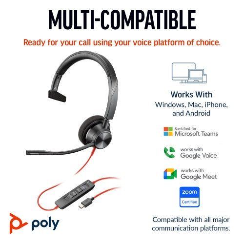 HP Poly Blackwire 3310 Monaural Microsoft Teams Certified USB-C Headset +USB-C/A Adapter