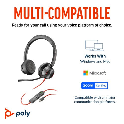 HP Poly Blackwire 8225 Stereo USB-C Headset +USB-C/A Adapter
