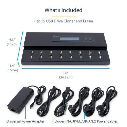 StarTech.com Standalone 1 to 15 USB Thumb Drive Duplicator and Eraser, Multiple USB Flash Drive Copier, System and File and Whole-Drive Copy at 1.5 GB/min, Single and 3-Pass Erase, LCD Display - TAA