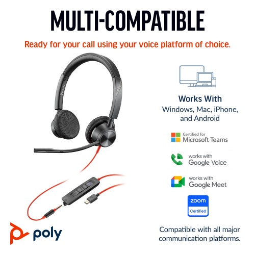 HP Poly Blackwire 3325 Stereo USB-C Headset +3.5mm Plug +USB-C/A Adapter