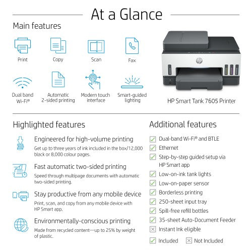 HP Smart Tank 7605 Wireless All-in-One Color Printer, Two-sided printing; Copier, Scanner