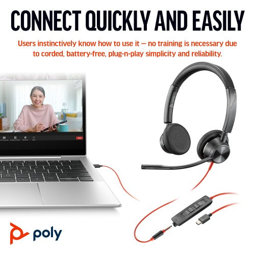 HP Poly Blackwire 3325 Stereo USB-C Headset +3.5mm Plug +USB-C/A Adapter