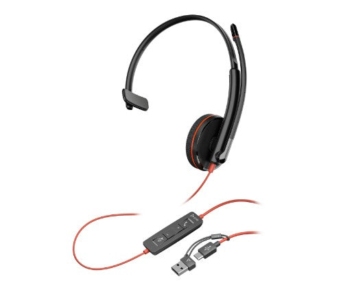 HP Poly Blackwire 3215 Monaural USB-C Headset +3.5mm Plug +USB-C/A Adapter