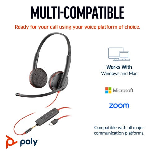 HP Poly Blackwire 3225 Stereo USB-C Headset +3.5mm Plug +USB-C/A Adapter (Bulk)