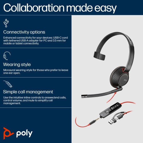 HP Poly Blackwire 5210 Monaural USB-C Headset +3.5mm Plug +USB-C/A Adapter