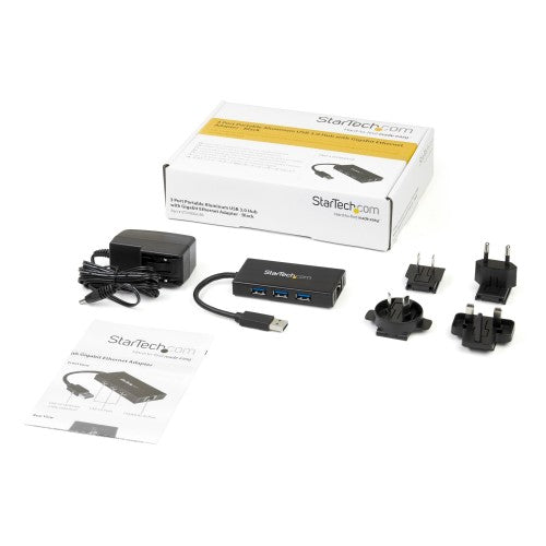 StarTech.com 3-Port Portable USB 3.0 Hub plus Gigabit Ethernet - Aluminum with Built-in Cable~3-Port Portable USB 3.0 Hub plus Gigabit Ethernet - 5Gbps - Aluminum with Built-in Cable