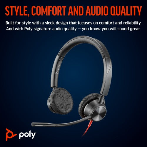 HP Poly Blackwire 3325 Stereo Microsoft Teams Certified USB-C Headset +3.5mm Plug +USB-C/A Adapter