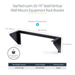 StarTech.com 3U 19” Wall Mount Vertical Rack Bracket, Wall Mount Patch Panel Bracket for Data/AV/IT/Computer Equipment, 3U Rack for Cabinet or Server Room, Supports 150lb (68kg) Capacity - TAA