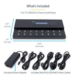 StarTech.com Standalone 1 to 15 USB Thumb Drive Duplicator and Eraser, Multiple USB Flash Drive Copier, System and File and Whole-Drive Copy at 1.5 GB/min, Single and 3-Pass Erase, LCD Display - TAA