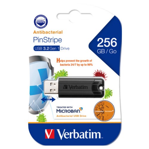 Verbatim Antibacterial PinStripe USB 3.2 Gen 1 Drive USB flash drive 256 GB USB Type-A 3.2 Gen 1 (3.1 Gen 1) Black